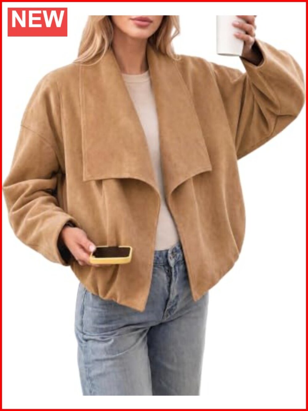 Women's Faux Suede Cropped Lapel Jacket Oversized Open Front Casual
